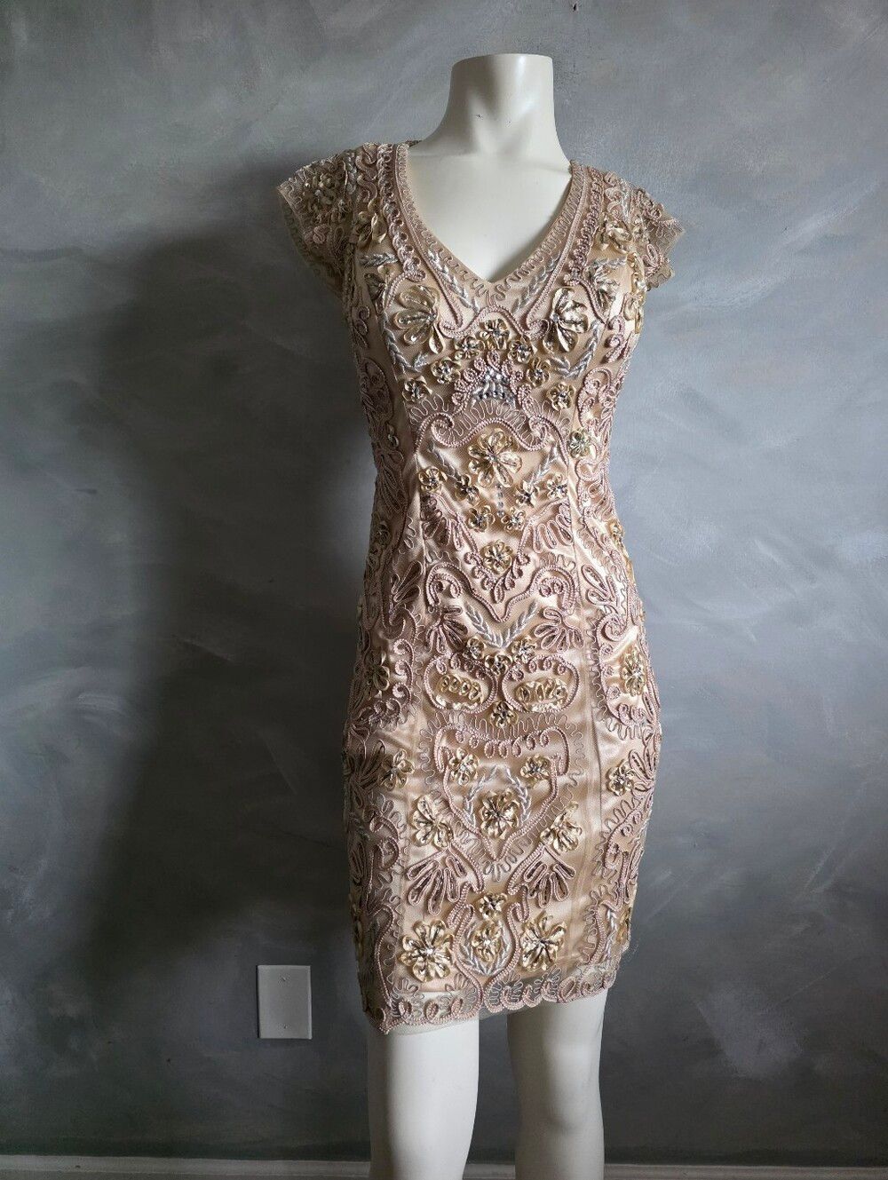 Sue Wong Nocturne Champagne Color Embroidered Beaded Cocktail Dress 4